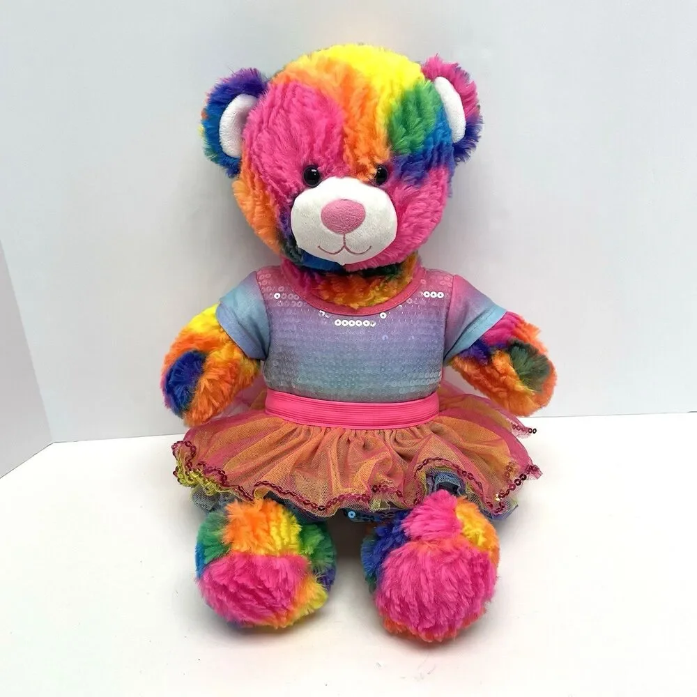 Build-A-Bear Rainbow Tie Dye Plush Teddy Bear Sequin Top Tutu Dress